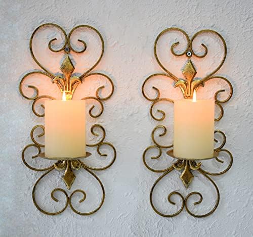 Set of 2 Antique Gold Wall Sconces Candle Holders