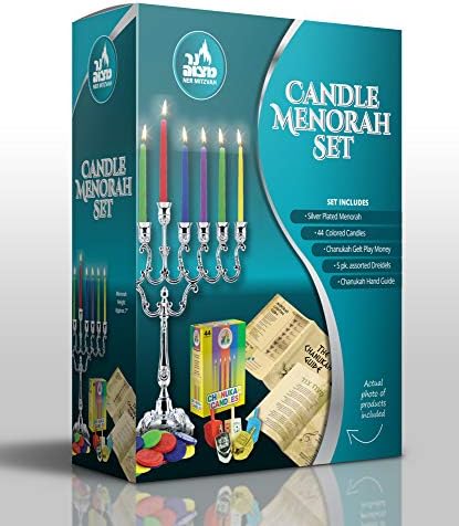 Ner Mitzvah Hanukkah Menorah with Candles and Dreidels