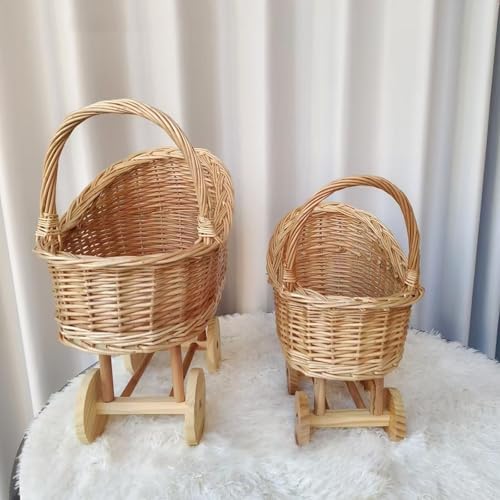 Woven Rattan Stroller Flower Basket with Handle