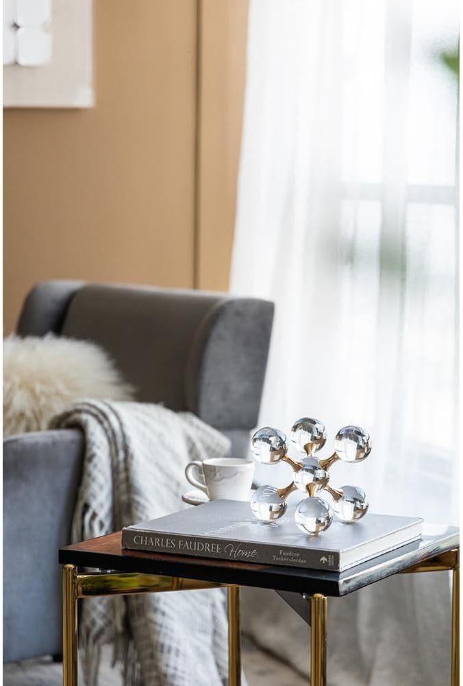 Gold Iron and Crystal Glass Sphere Sculpture - Modern Decor Accent