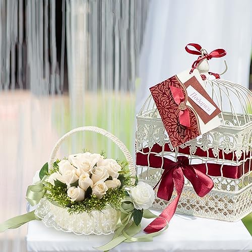 Wedding Flower Girl Basket with Lace and Green Bow