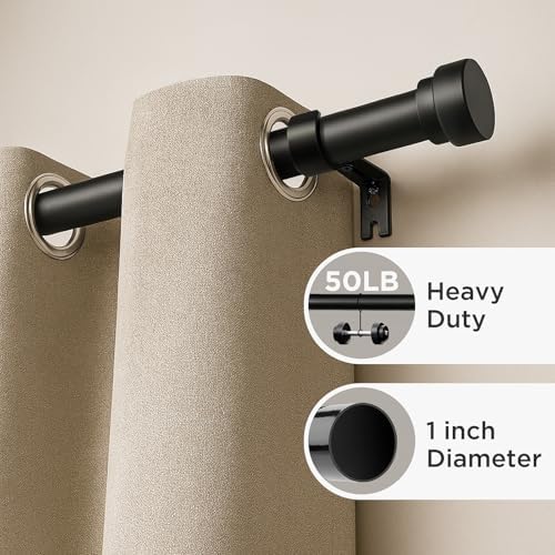 Joydeco Black Curtain Rods for Windows - Adjustable 120 Inch Single Rod Set