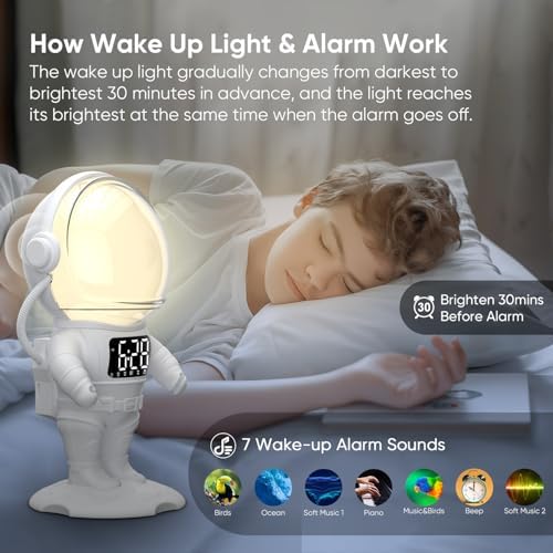 4-in-1 Astronaut Alarm Clock with White Noise and Nightlights