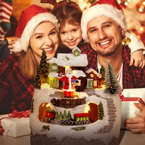 Christmas Village Musical Snow Globe Figurines with 8 Music Snowman and Train