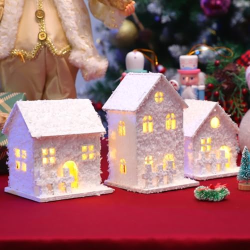 TOYANDONA 3Pcs LED Lighted Wooden Christmas Village Houses