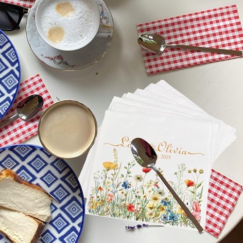 Personalized Floral Wedding Napkins with Name and Date