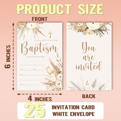 25 Pack Floral Baptism Invitations with Envelopes