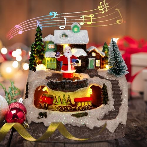 Christmas Village Musical Snow Globe Figurines with 8 Music Snowman and Train