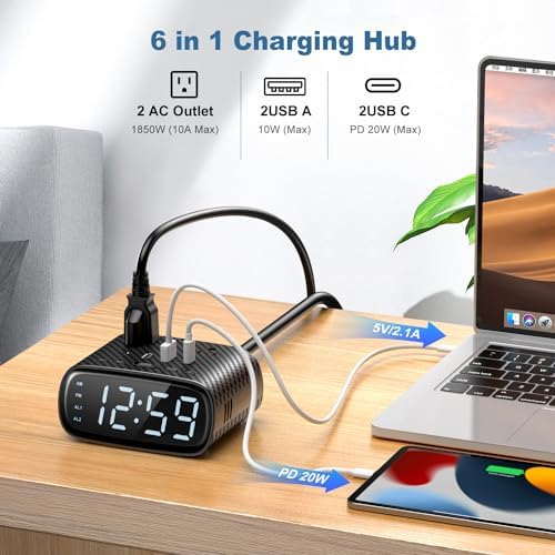 Sussex Dual Alarm Clock with 6 Charging Ports and 2 Outlets