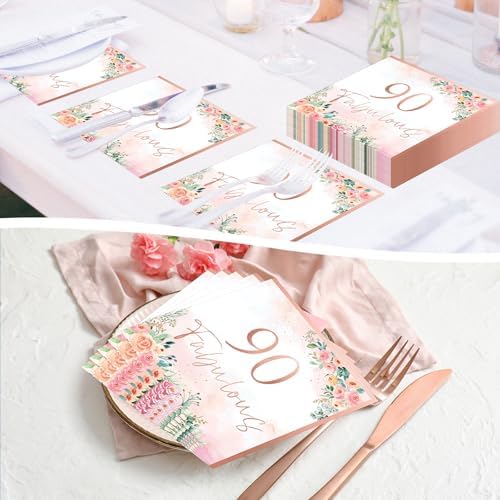 90th Birthday Rose Gold Floral Napkins Set 50pcs