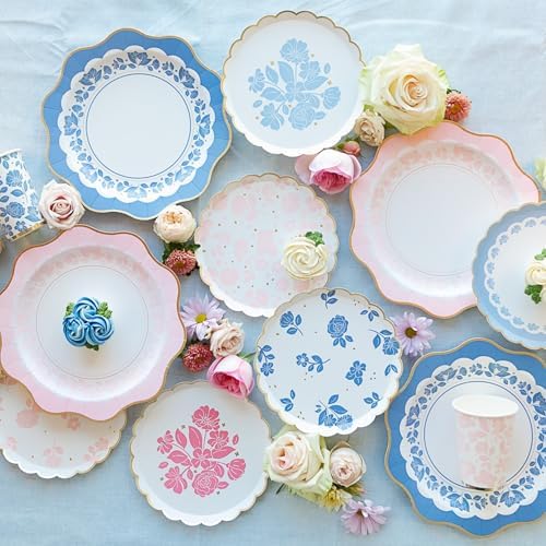 Bonjour Fete Light Pink Floral Large Party Plates with Gold Foil