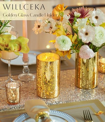 Gold Candle Holder Hurricane Cylinder Vase Set of 6 for Wedding Centerpieces