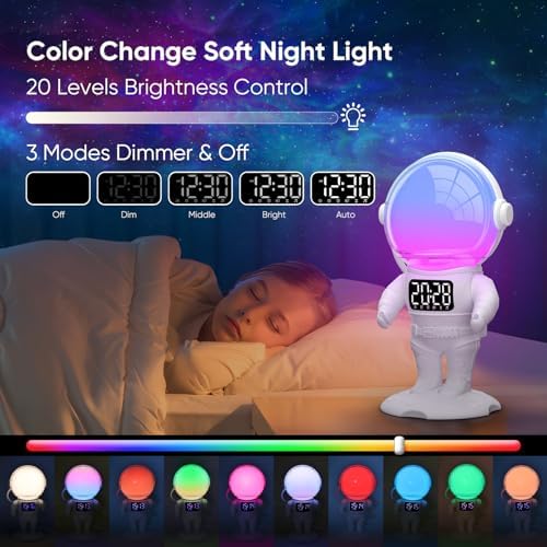 4-in-1 Astronaut Alarm Clock with White Noise and Nightlights