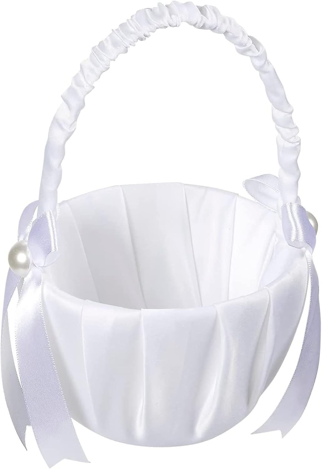 White Flower Girl Basket with Satin Bowknot and Pearl Design