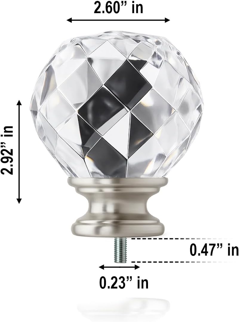 Brushed Nickel Faceted Gunmetal Crystal Curtain Rod Finials Set of 2