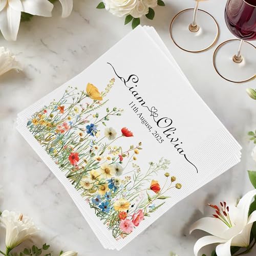 Personalized Floral Wedding Napkins with Name and Date