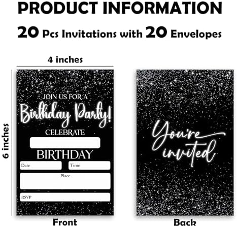 Black Minimalism Birthday Invitations 20pcs with Envelopes