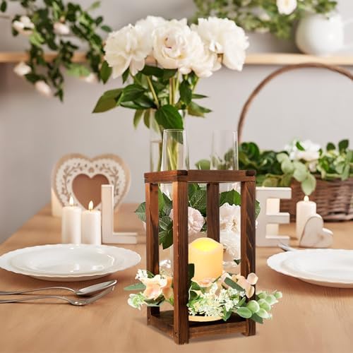 Hushee 30 Pcs Wooden Wedding Lantern Centerpiece with Candles and Wreaths Brown