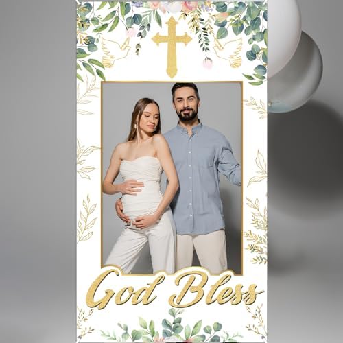 God Bless Baptism Photo Booth Backdrop Greenery Eucalyptus 3x6ft