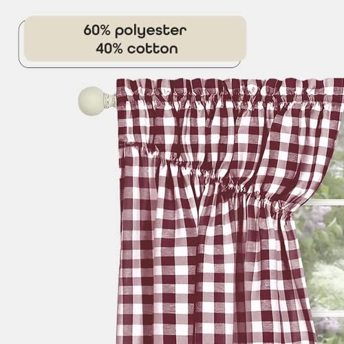 Buffalo Check Gathered Swag Curtains - 72x63 Inch Burgundy Ivory Pair