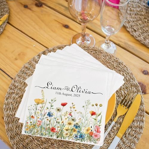 Personalized Floral Wedding Napkins with Name and Date