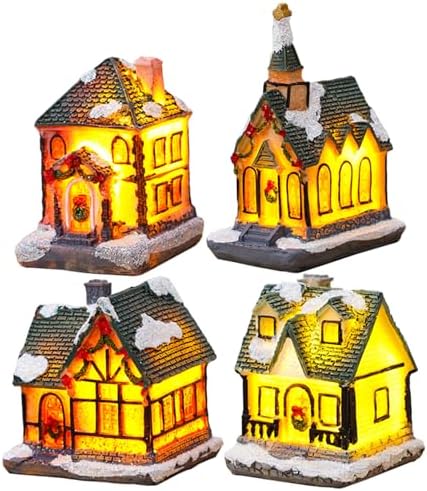4Pcs Christmas Village Houses Light Up Resin Miniature Decor