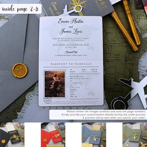 Custom Wedding Invitation Set with Wax Seal - Passport Style