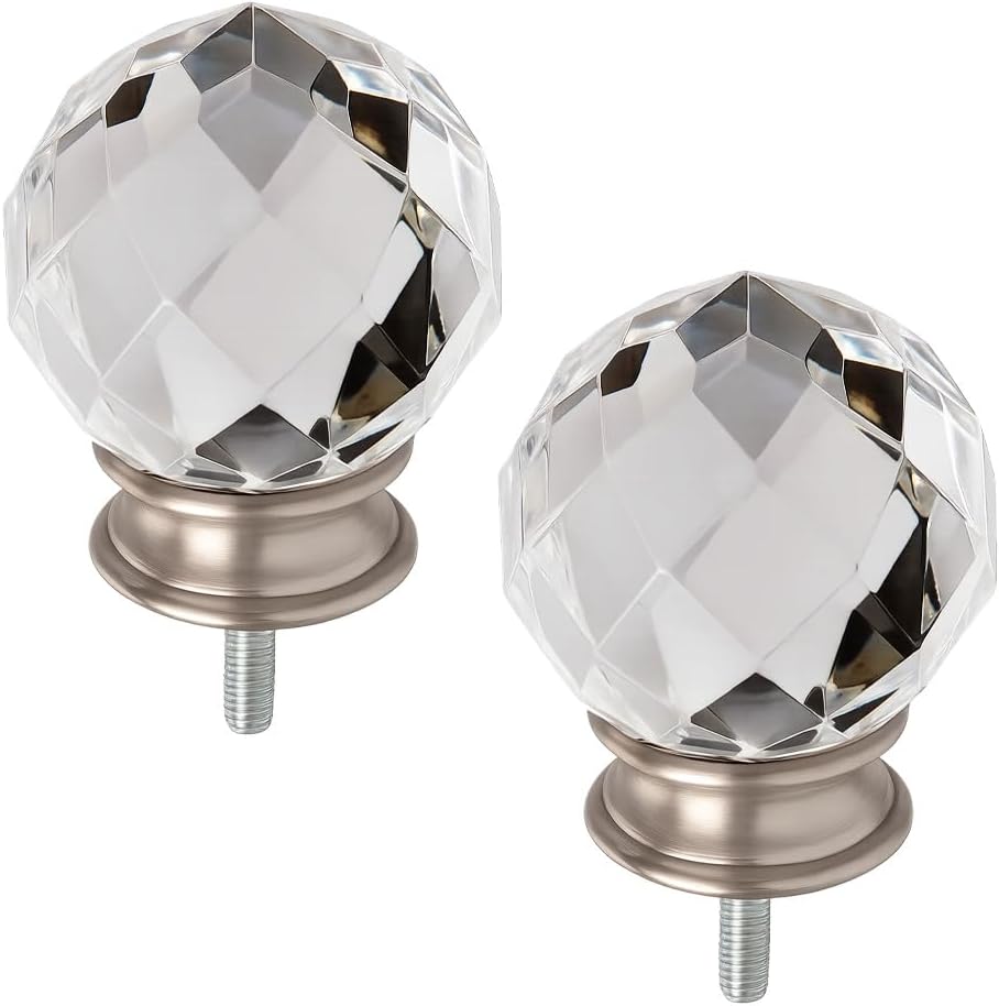 Brushed Nickel Faceted Gunmetal Crystal Curtain Rod Finials Set of 2