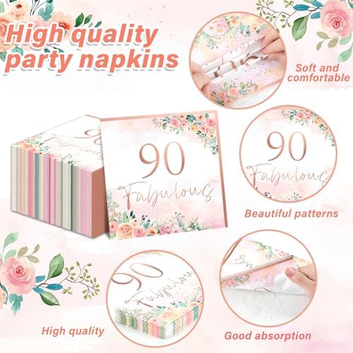 90th Birthday Rose Gold Floral Napkins Set 50pcs