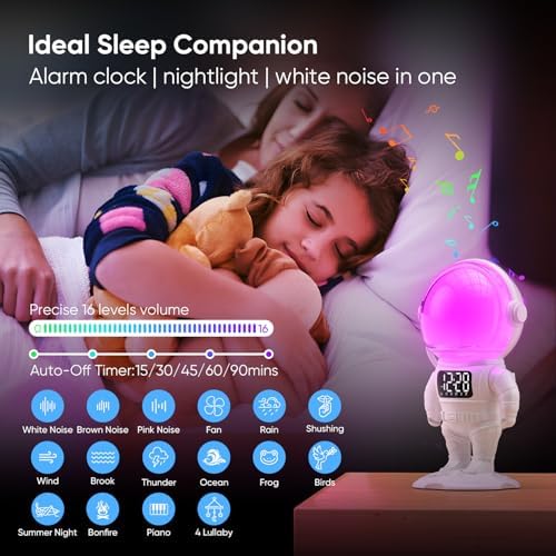4-in-1 Astronaut Alarm Clock with White Noise and Nightlights