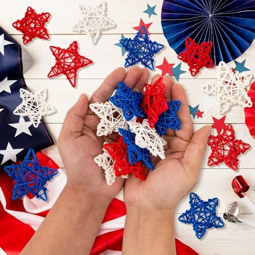 18pcs Patriotic Rattan Star Decorations Red Blue White