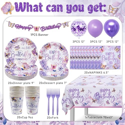 Purple Butterfly Birthday Decorations Set 112Pcs for 20 Guests