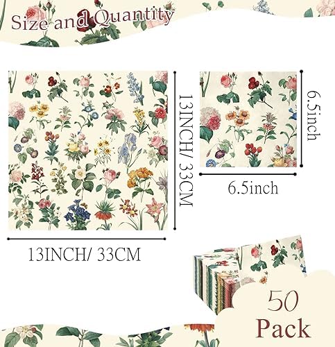 50 Pack 3-Ply Floral Disposable Napkins for Events