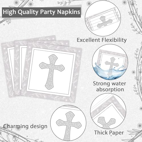 96Pcs Gray Cross Baptism Tableware Set for 24 Guests