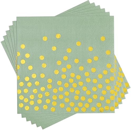 100 Pcs Sage Green Napkins - 3 Ply Gold Dot Disposable Party Napkins