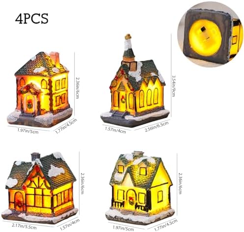 4Pcs Christmas Village Houses Light Up Resin Miniature Decor