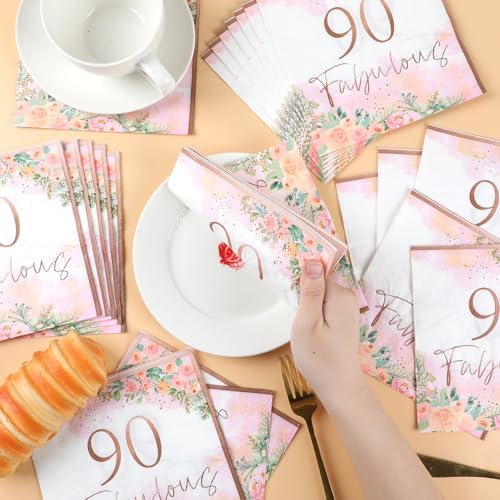 90th Birthday Rose Gold Floral Napkins Set 50pcs