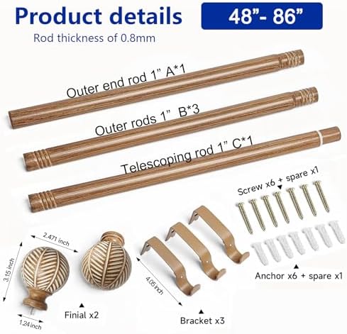 Adjustable Wood Curtain Rods 48-86 Inches Single Rod with Leaf Finials