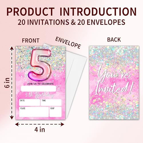Holographic Birthday Invites with Envelopes for 5th Birthday