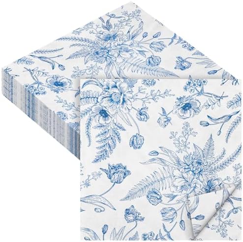Aodaer 48 Piece Blue and White Floral Napkins Set