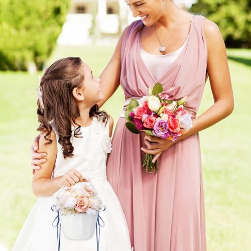2 Pcs Wedding Flower Girl Baskets with Pearl Handle Bowknot