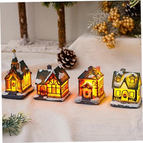 4Pcs Christmas Village Houses Light Up Resin Miniature Decor