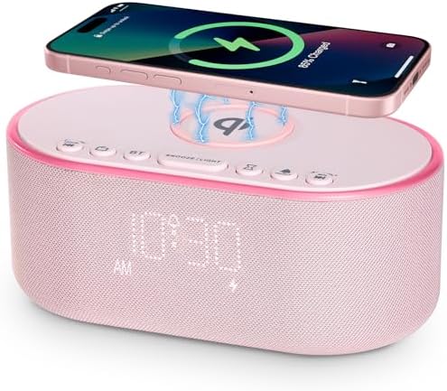 Wireless Charging Alarm Clock Radio with 10W Speaker and FM Radio - Pink