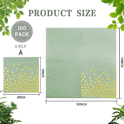 100 Pcs Sage Green Napkins - 3 Ply Gold Dot Disposable Party Napkins