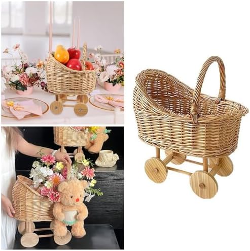 Woven Rattan Stroller Flower Basket with Handle