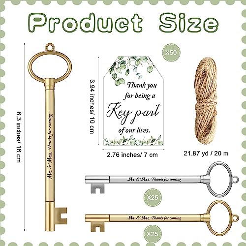 Patelai 50 Key Shaped Wedding Pens with Cards and Rope