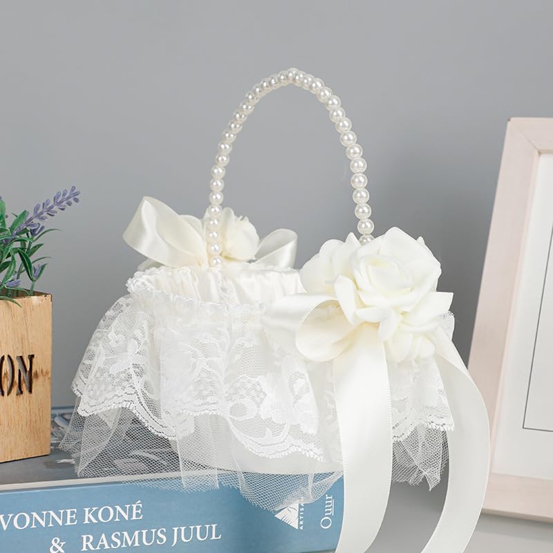 Elegant Wedding Flower Girl Basket with Pearl Handle