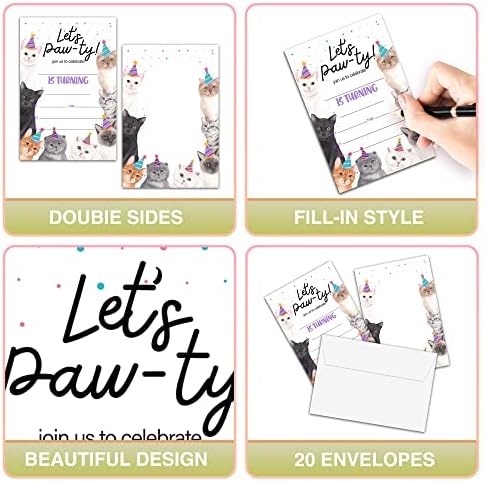 Cat Birthday Invitations with Envelopes 20 Pack