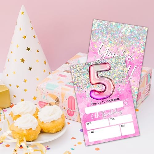 Holographic Birthday Invites with Envelopes for 5th Birthday