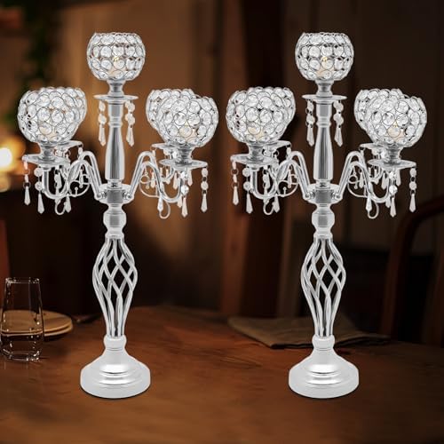DYNAMI 2Pcs Crystal Candelabra Centerpieces Silver